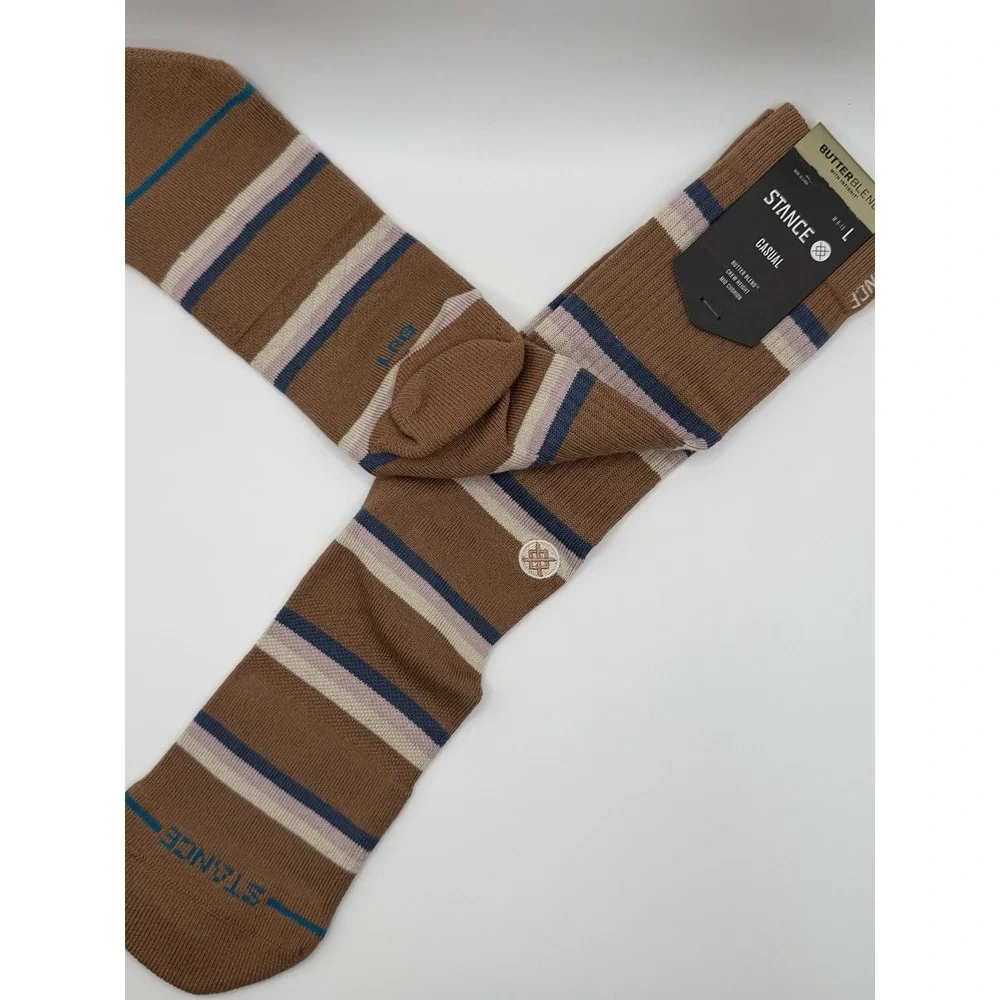 Stance Strata Crew Socks Brown Striped Butter Blend A556D25SRA Large NWT